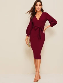 Mulvari Self Belted Split Hem Surplice Wrap Dress - Burgundy - View 1