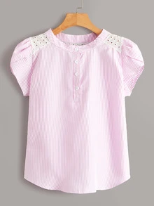 SHEIN LUNE 棉布燒花網眼面花瓣袖女士襯衫 - 粉色 - 查看 1