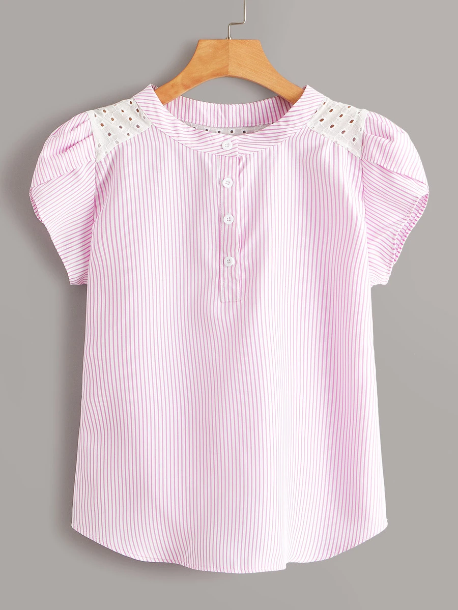 SHEIN LUNE 棉布燒花網眼面花瓣袖女士襯衫 - 粉色 - 查看 1