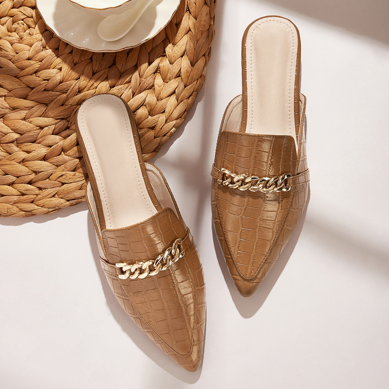 

Chain Decor Croc Embossed Mules, Brown