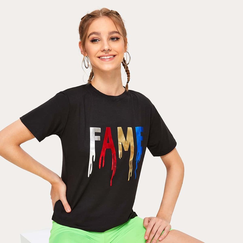 

Metallic Letter Print Tee, Black