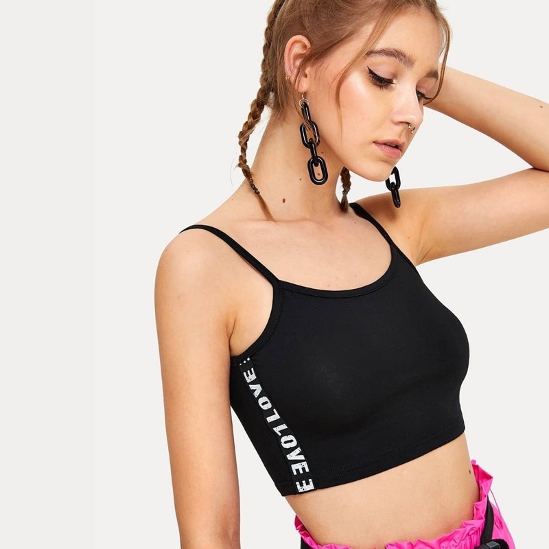 

Letter Tape Side Crop Cami Top, Black