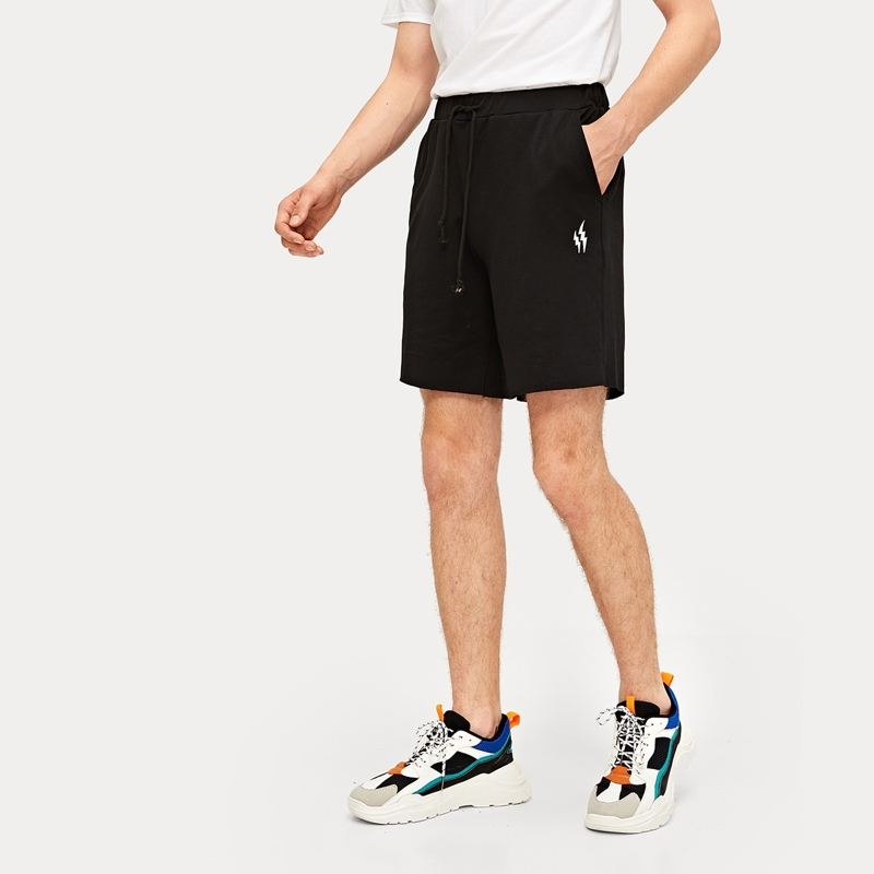 Guys Lightning Embroidery Drawstring Waist Shorts, Black