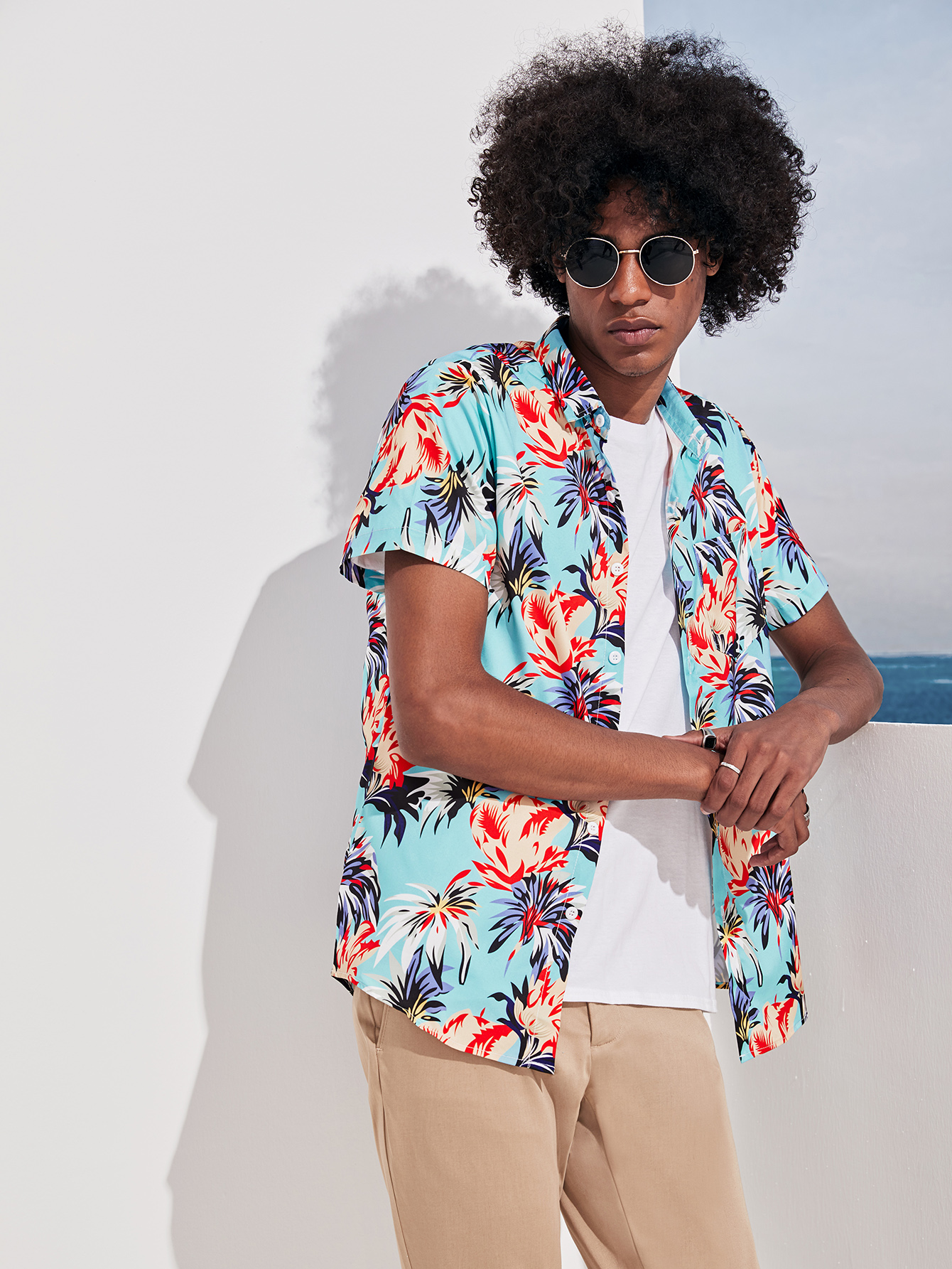 men leaf print hawaiian shirt
