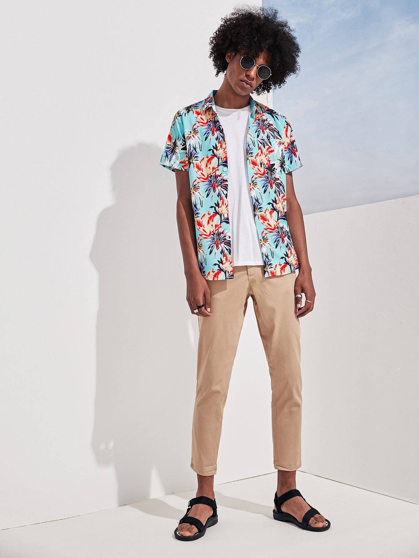 men leaf print hawaiian shirt