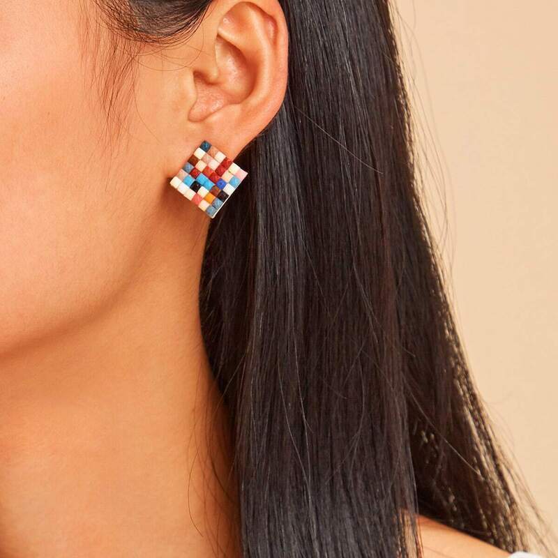 

Color-block Square Stud Earrings 1pair, Multicolor
