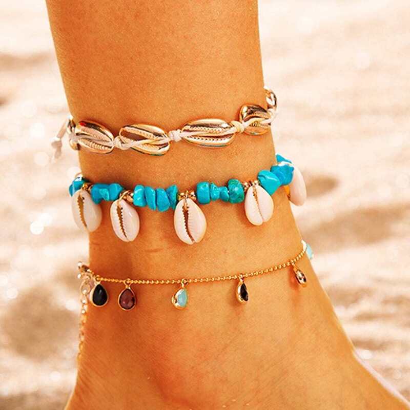 

Shell & Water Drop Charm Chain Anklet 3pcs, Multicolor