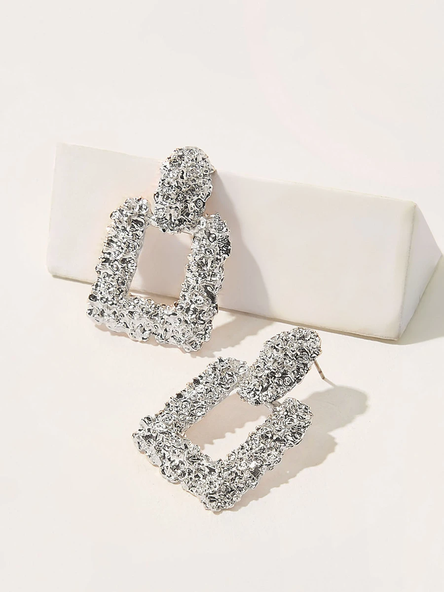 Textured Open Square Drop Earrings 1pair - Silver - View 1