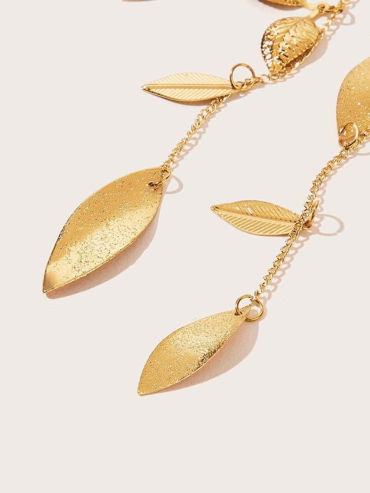 Leaf Shaped Tassel Mismatched Drop Earrings 2pcs - Yellow Gold - View 4