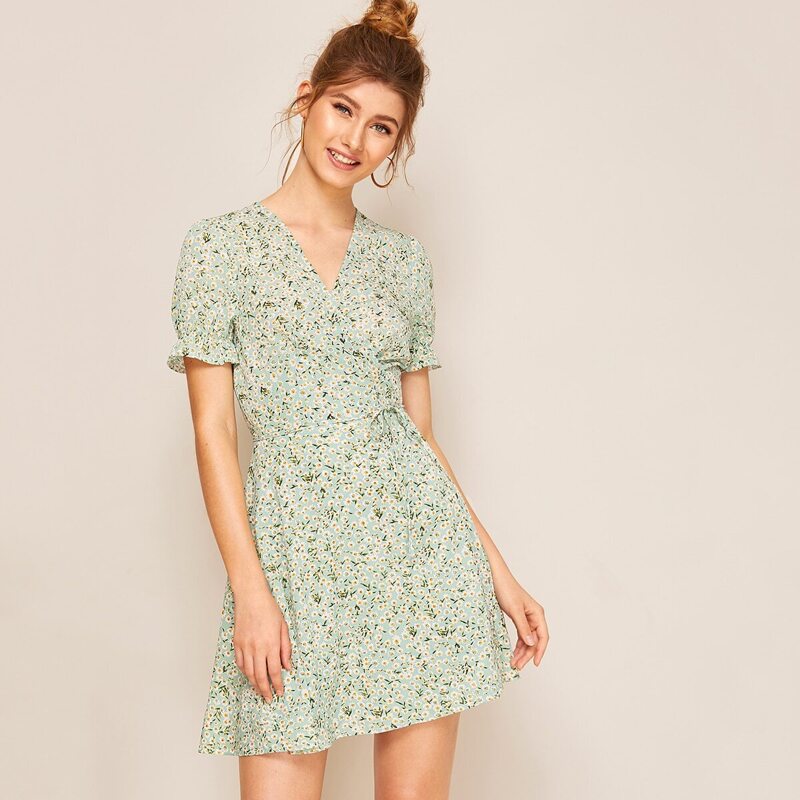 

Tie Side Puff Sleeve Ditsy Floral Wrap Dress, Green pastel