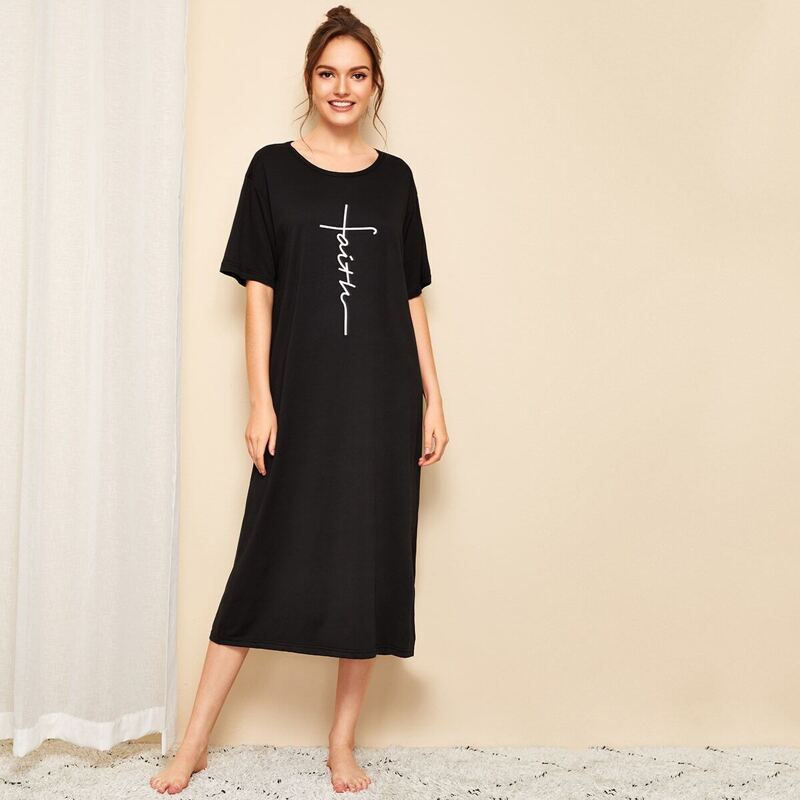 

Letter Print Night Dress, Black