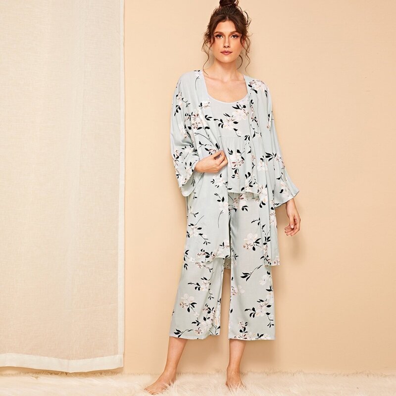 

Floral Print Cami Pajama Set With Robe, Multicolor