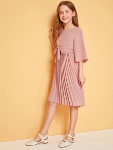 SHEIN 女孩鐘形袖前繫帶百褶連衣裙 - 藕粉色 - 查看 4