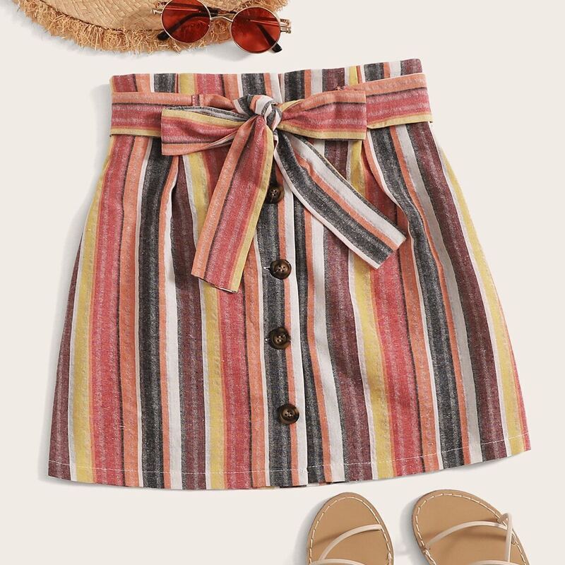 

Striped Button Front Belted Skirt, Multicolor