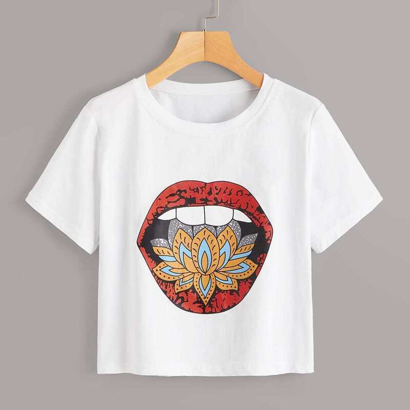 

Lip & Floral Print Tee, White