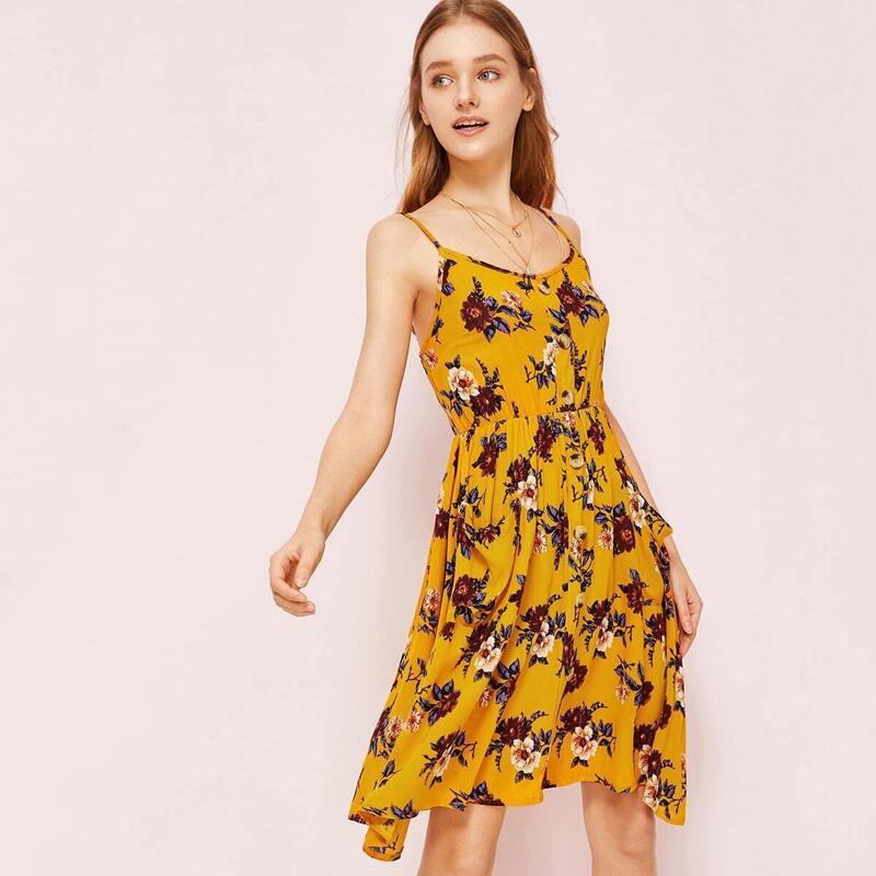 

Floral Print Button Front Shirred Slip Dress, Yellow