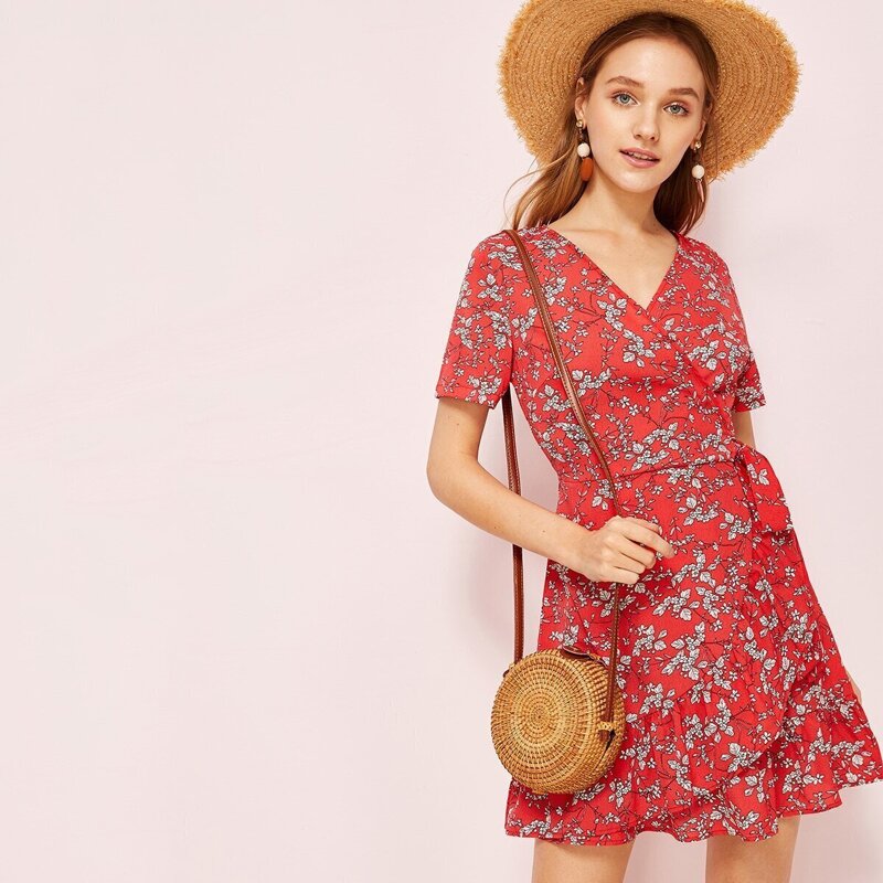 

Ruffle Hem Tie Side Dress With Wrap Top, Red