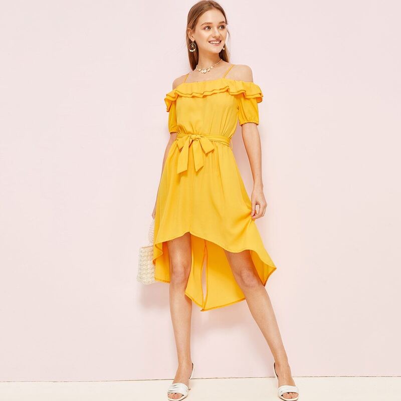 

Ruffle Trim Asymmetric Hem Belted Dress, Yellow