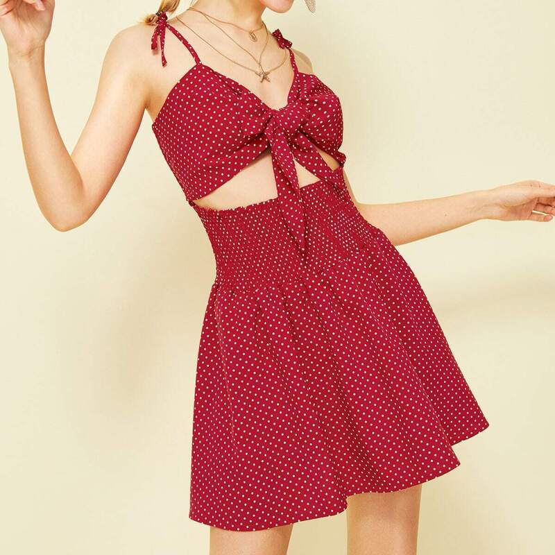 

Polka Dot Tie Front Shirred Slip Dress, Red