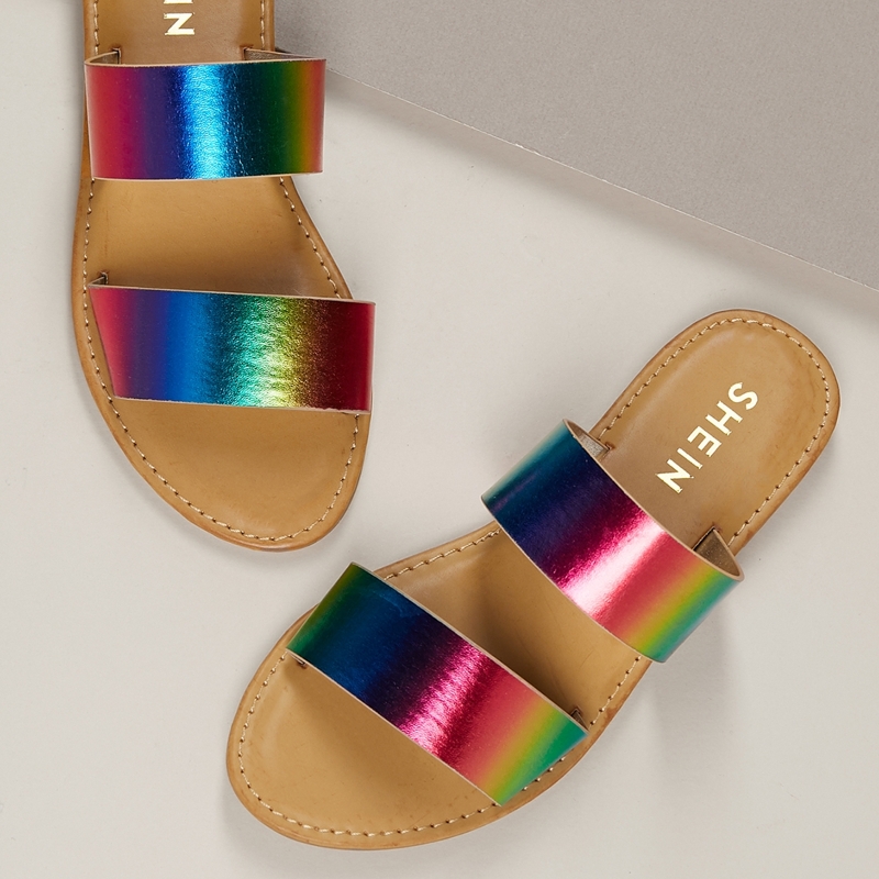 

Rainbow Double Band Flat Slide Sandals, Multicolor
