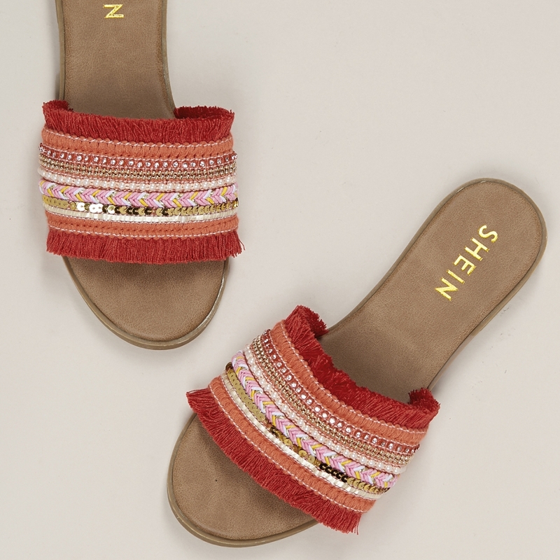 

Adorned Crystal Sequin Band Flat Slide Sandals, Multicolor