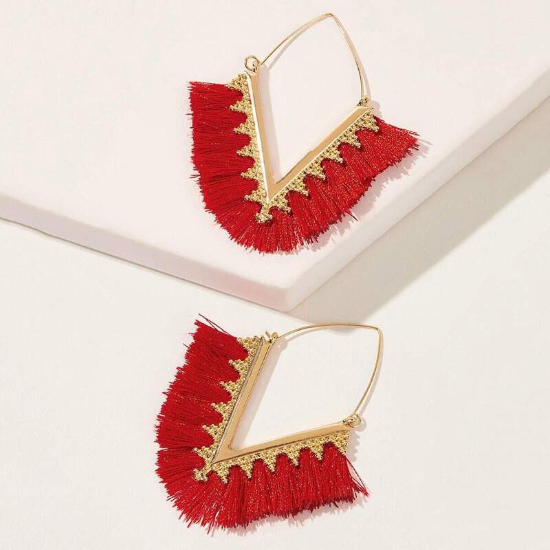 

Tassel Decor Open Triangle Shaped Hoop Earrings 1pair, Red