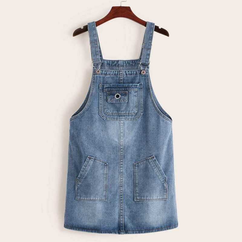 

Pocket Front Overall Denim Dress, Blue