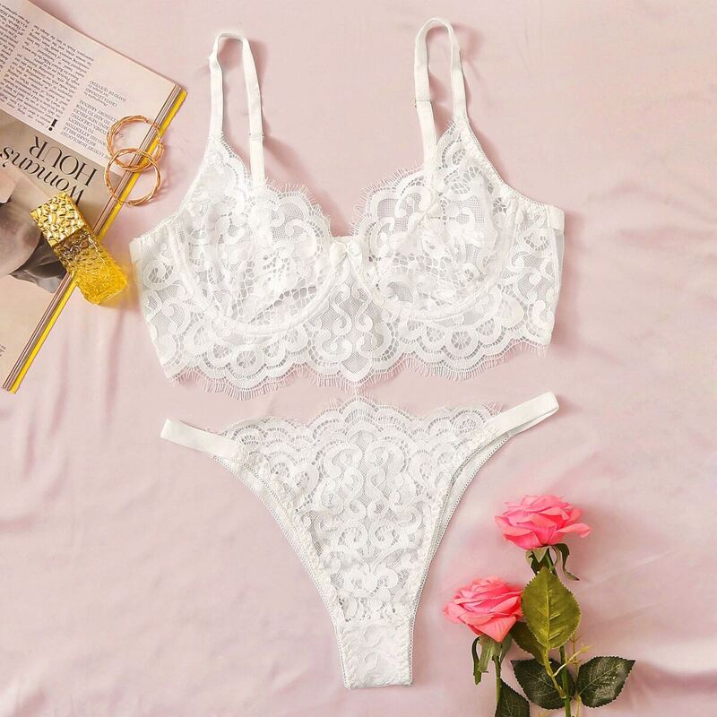 

Floral Lace Underwire Lingerie Set, White