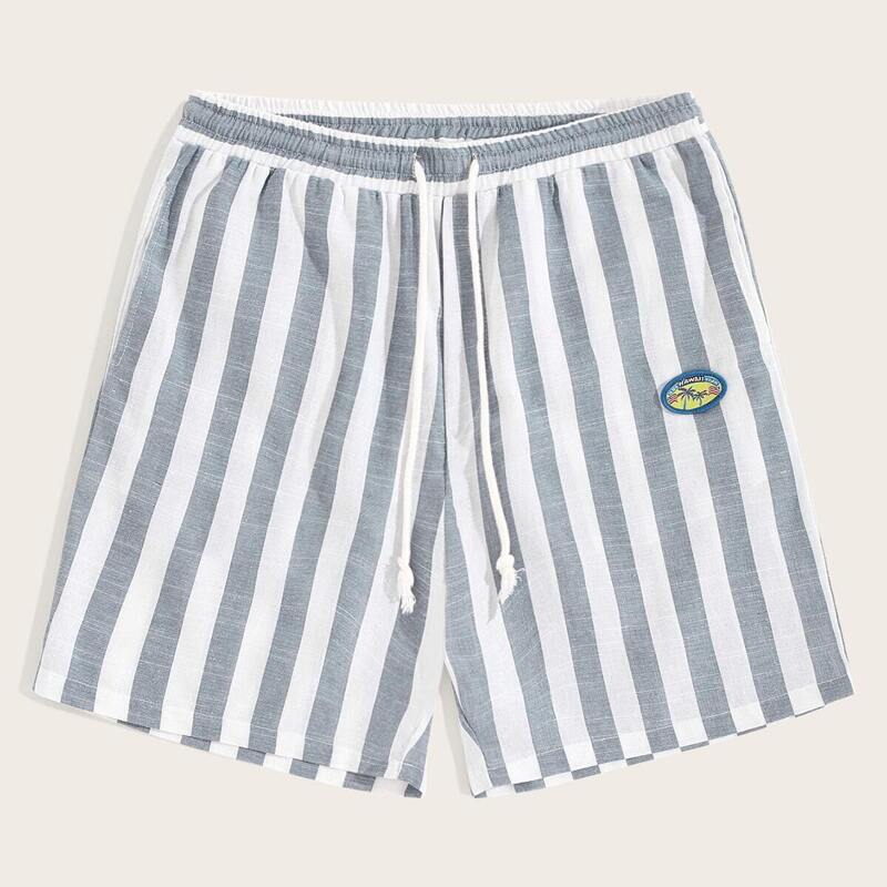 

Guys Drawstring Waist Patched Detail Striped Shorts, Grey