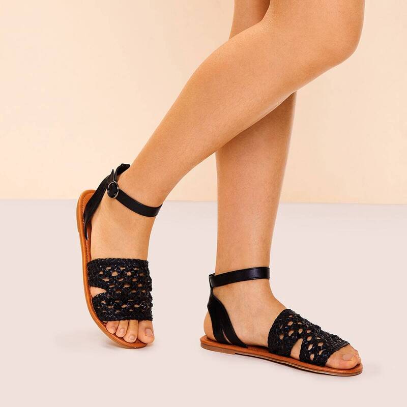

Woven Design Ankle Strap Sandals, Black