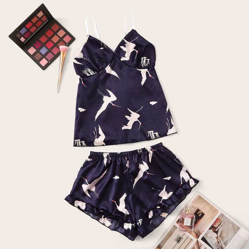 

Crane Print Satin Cami With Ruffle Shorts, Navy