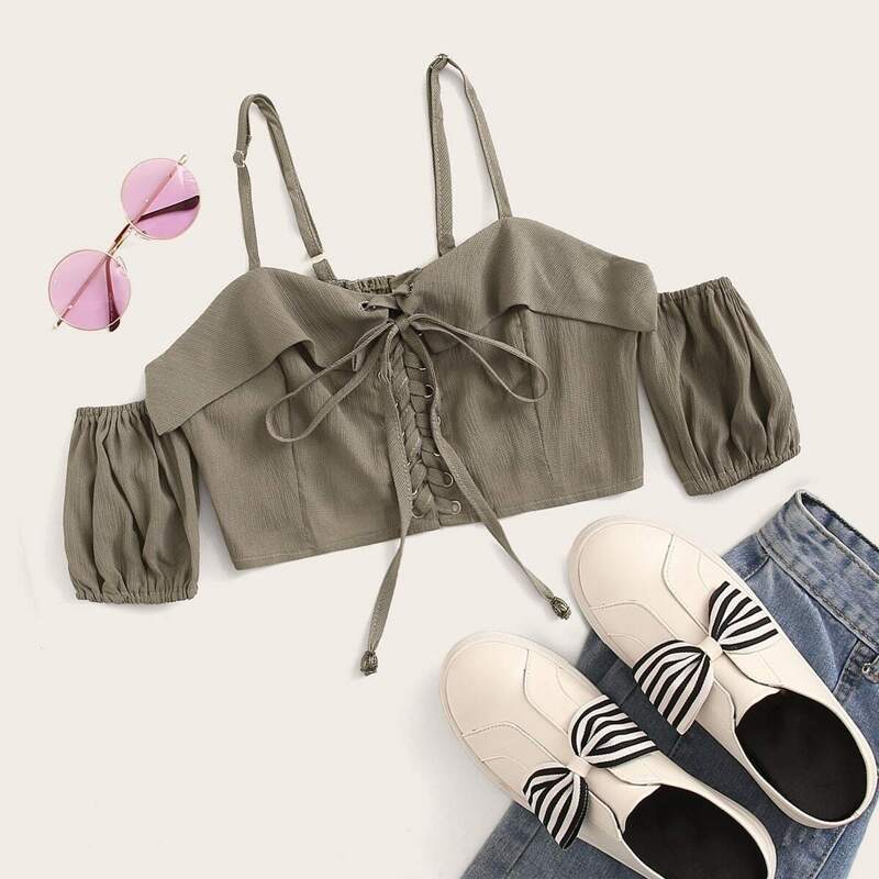 

Lace Up Shirred Cold Shoulder Crop Blouse, Army green