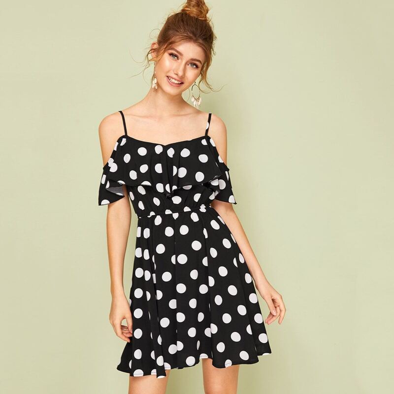 

Polka Dot Ruffle Trim Open Shoulder Slip Dress, Black and white