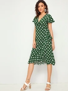 green and white polka dot wrap dress Nellie Mini Dress Green Polka Dot main image 1
