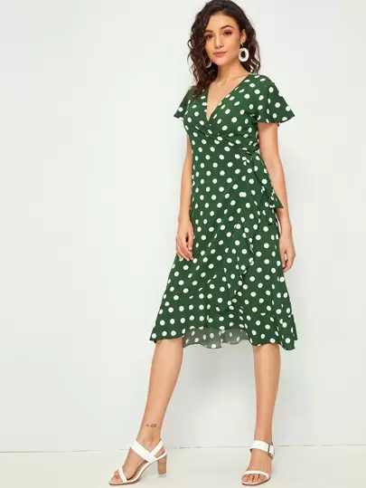 Hanky Hem Warehouse Green Polka Dot Dress Our Polka Dot Ruffle Hem Tie Side  Wrap Dress Is Such A Vibe ROMWE
