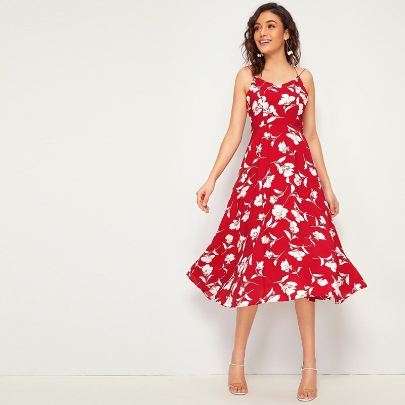 

Floral Print Criss Cross Backless Slip Dress, Red