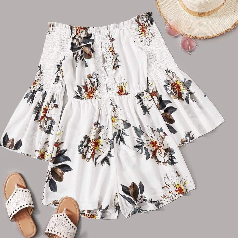 

Floral Print Lace Panel Shirred Romper, Multicolor