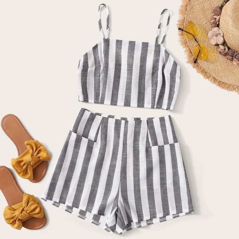 

Stripe Print Crop Cami Top With Shorts, Multicolor