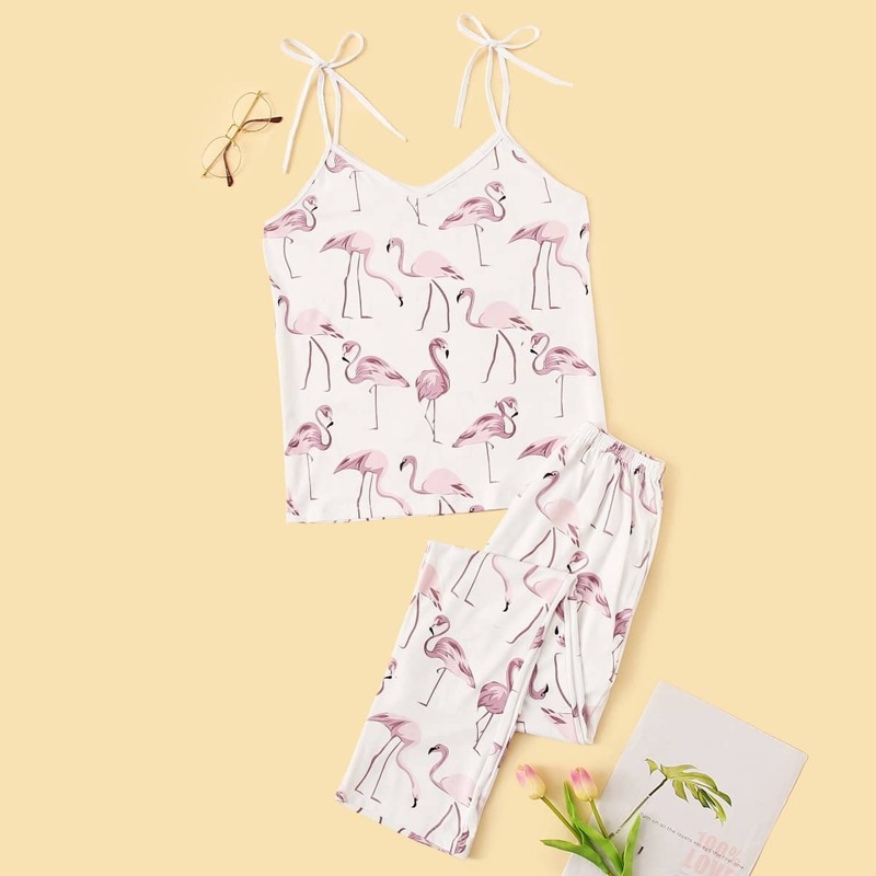 

Flamingo Print Cami PJ Set, White