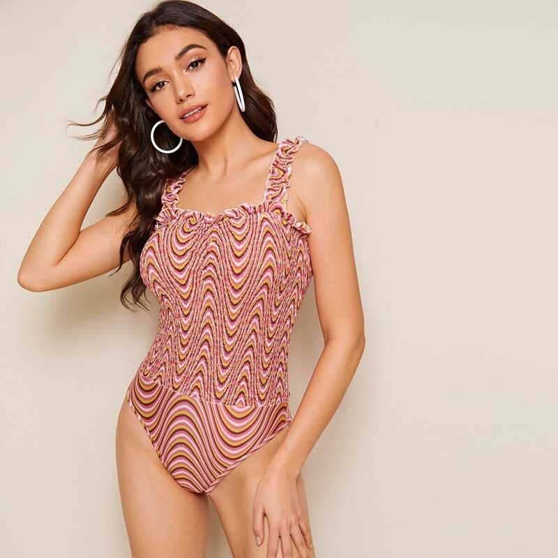 

Ruffle Trim Wave Striped Shirred Bodysuit, Multicolor