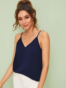 SHEIN Privé Double V-neck Cami Top - Navy Blue - View 3