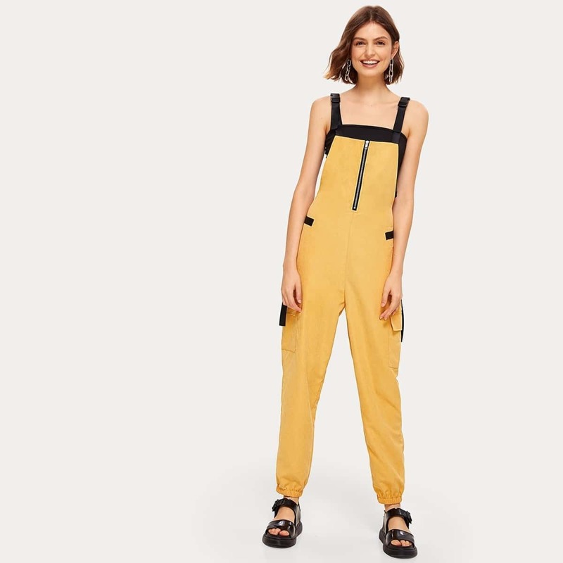 

Zip Detail Dual Pocket Utility Jumpsuit, Yellow