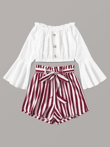 前紐扣一字肩上衣帶條紋腰帶紙袋短褲 - 彩色 - 查看 3