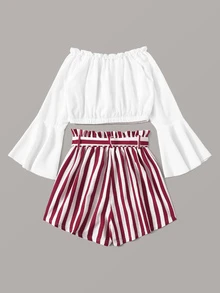 前紐扣一字肩上衣帶條紋腰帶紙袋短褲 - 彩色 - 查看 2