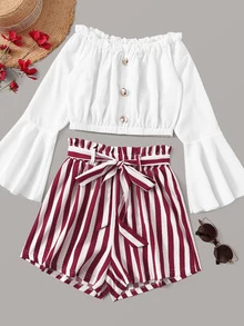 前紐扣一字肩上衣帶條紋腰帶紙袋短褲 - 彩色 - 查看 1