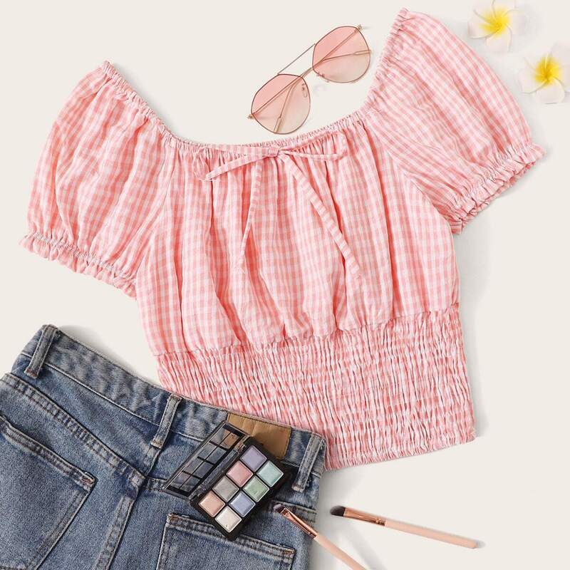

Shirred Waist Gingham Blouse, Pink