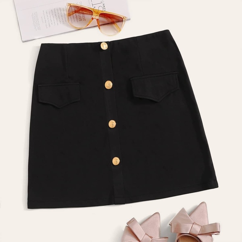 

Button Front Pocket Skirt, Black