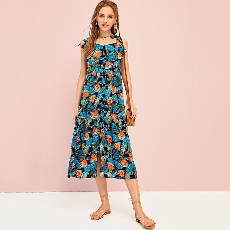 

Fruit Print Shirred Cami Dress, Multicolor