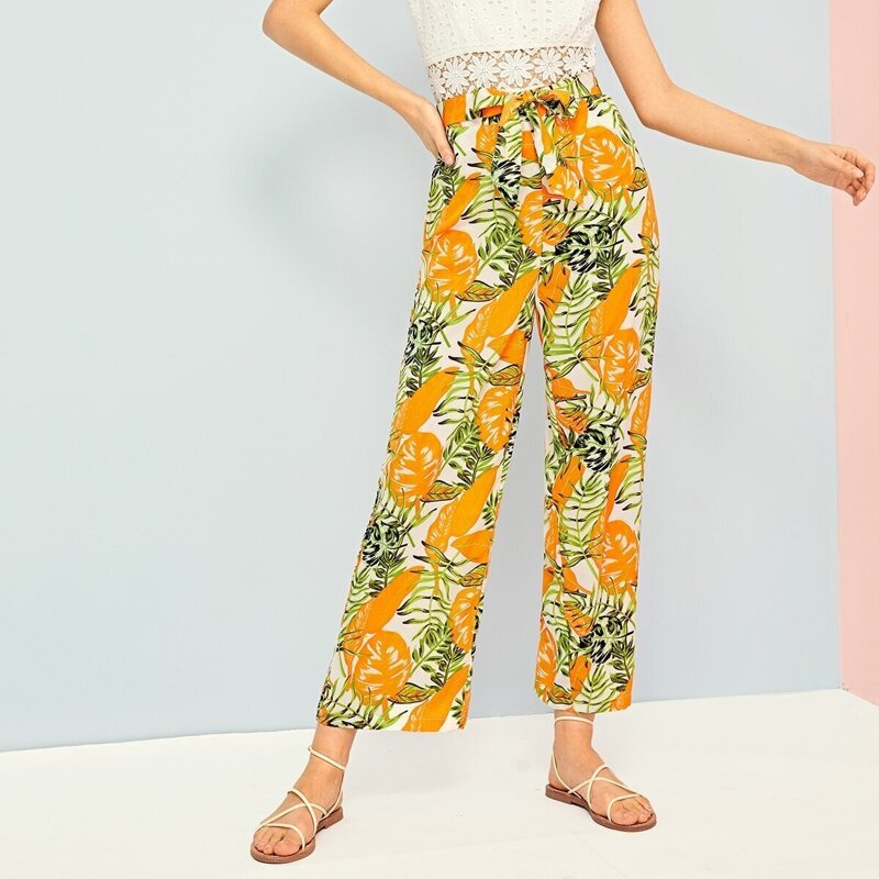 

Tie Front Tropical Print Pants, Multicolor