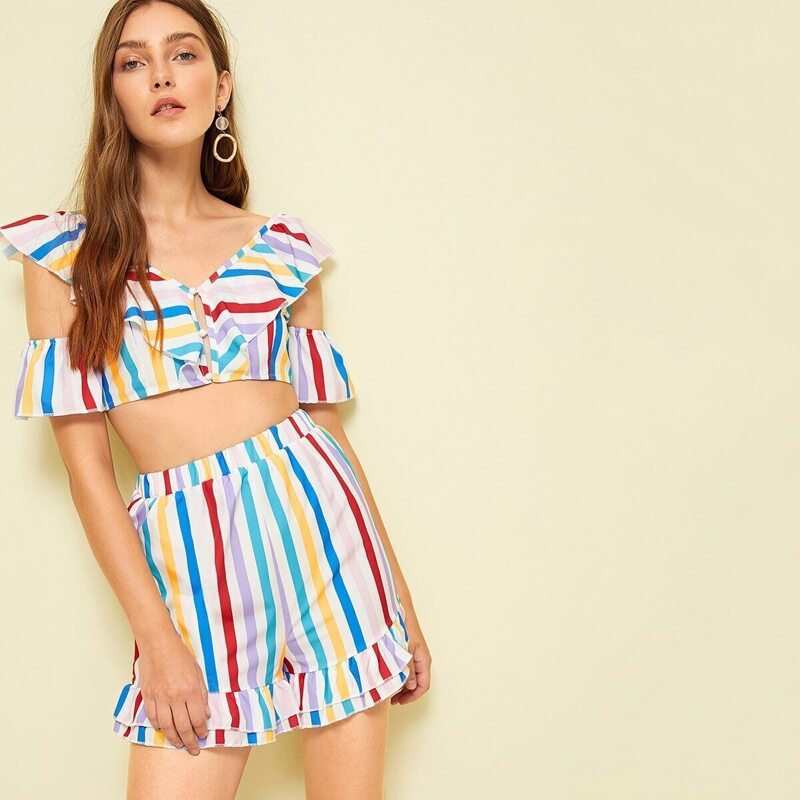 

Rainbow Stripe Ruffle Top & Shorts, Multicolor